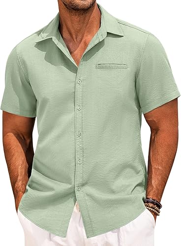 COOFANDY Camisa casual de lino para hombre, camisa de manga corta con botones, camisas hawaianas de verano para la playa