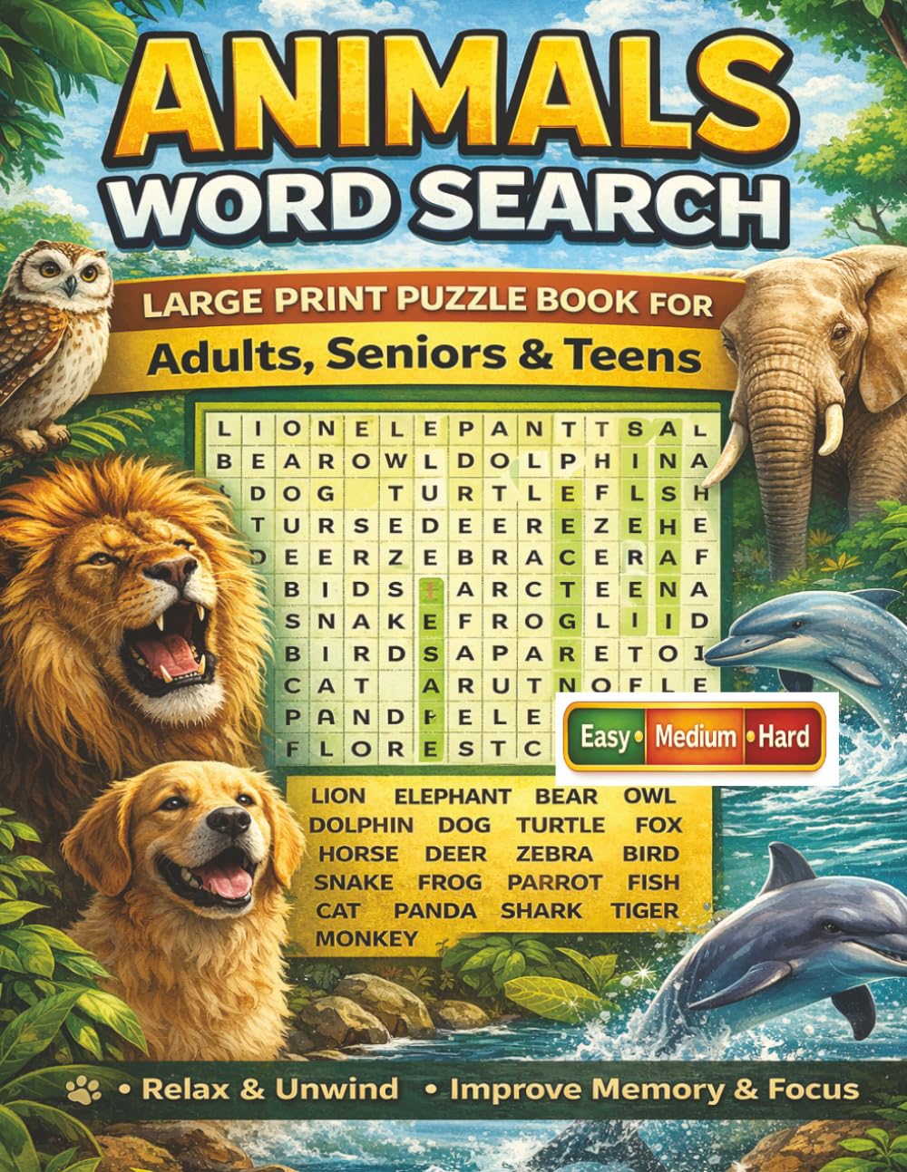 Animals Word Search: Large Print Puzzle Book for Adults, Seniors & Teens with 55 Puzzles, 1100+ Words, Easy, Medium and Hard Levels