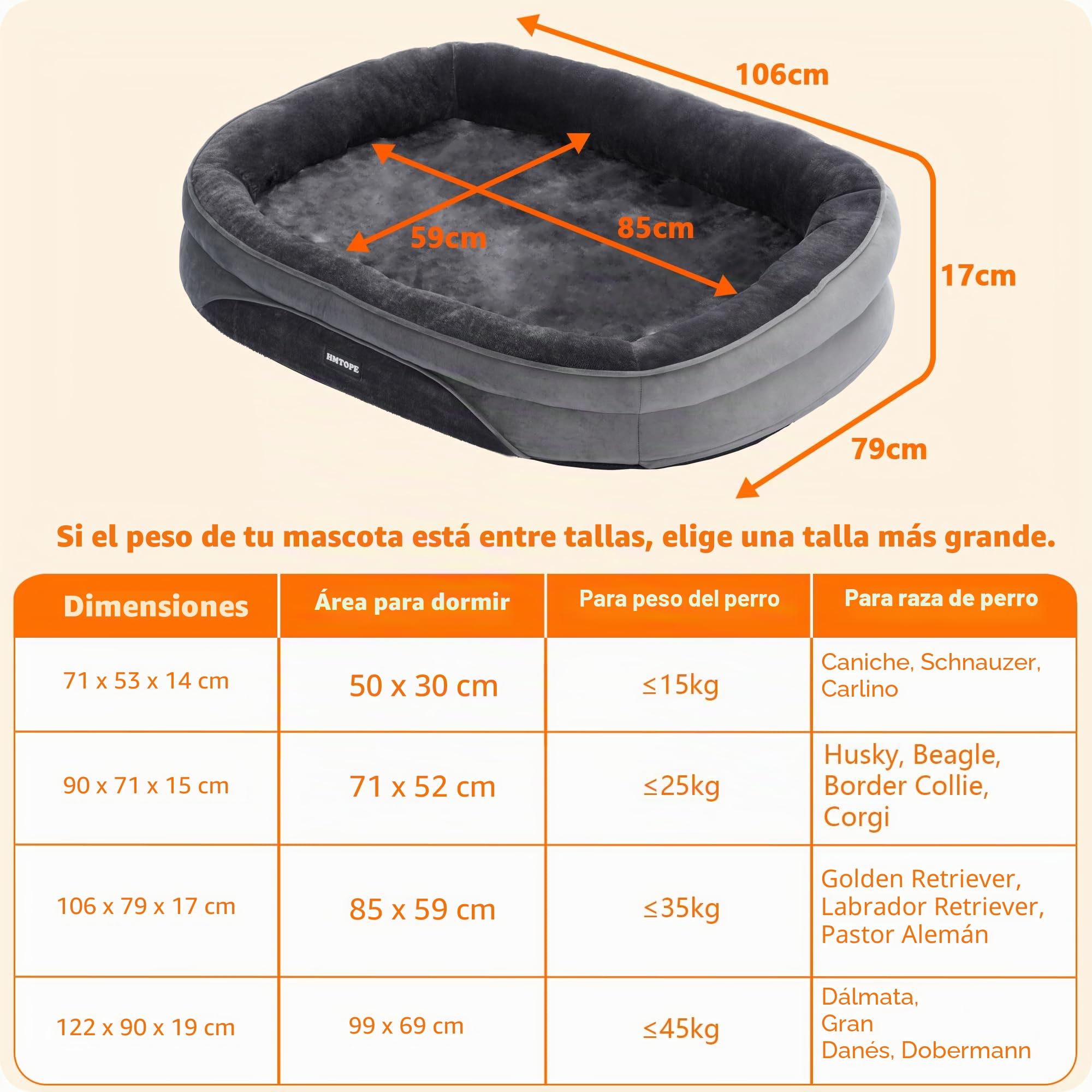 HMTOPE Cama ortopédica para perros, sofá para perros, cojín cervical de cuatro lados, base antideslizante, cesta para perros, extraíble y lavable, perros medianos y grandes, 106 x 79 x 17 cm, gris