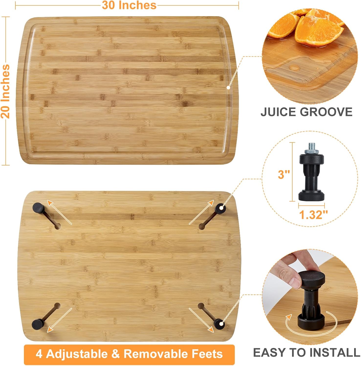 Bamboo Cutting Board, 30"x20" Extra Large Noodle Board with 4 Removable Feet, Juice Groove, Wooden Stove Top Covers for Electric Stove, Gas Burners, Counter Space