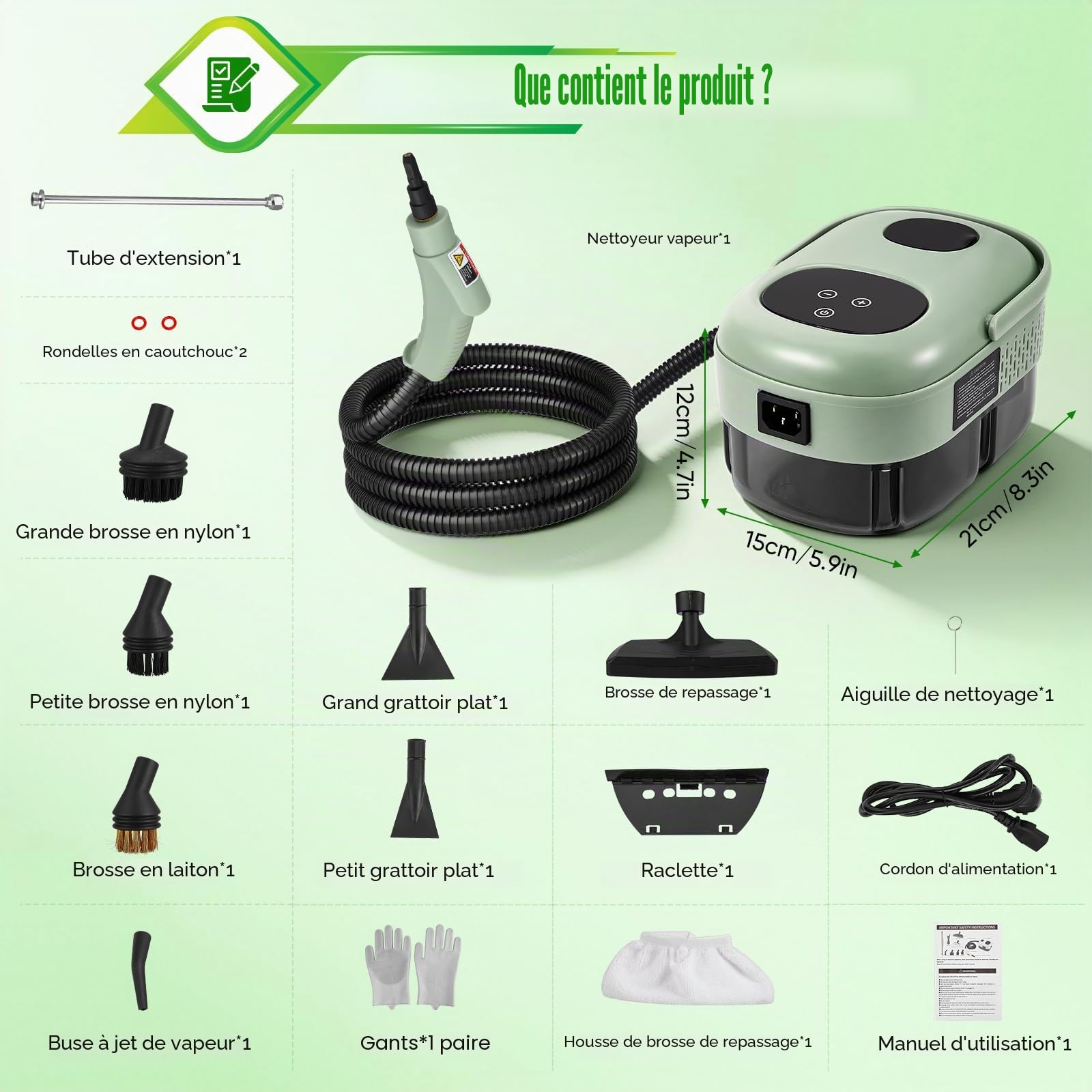 Nettoyeur Vapeur Haute Pression 2500W – Réservoir 1,1L – Pression 3 Bar & Vapeur à 105°C – Nettoyage Multisurface Sans Produit Chimique – 6 Réglages de Vapeur + 15 Accessoires