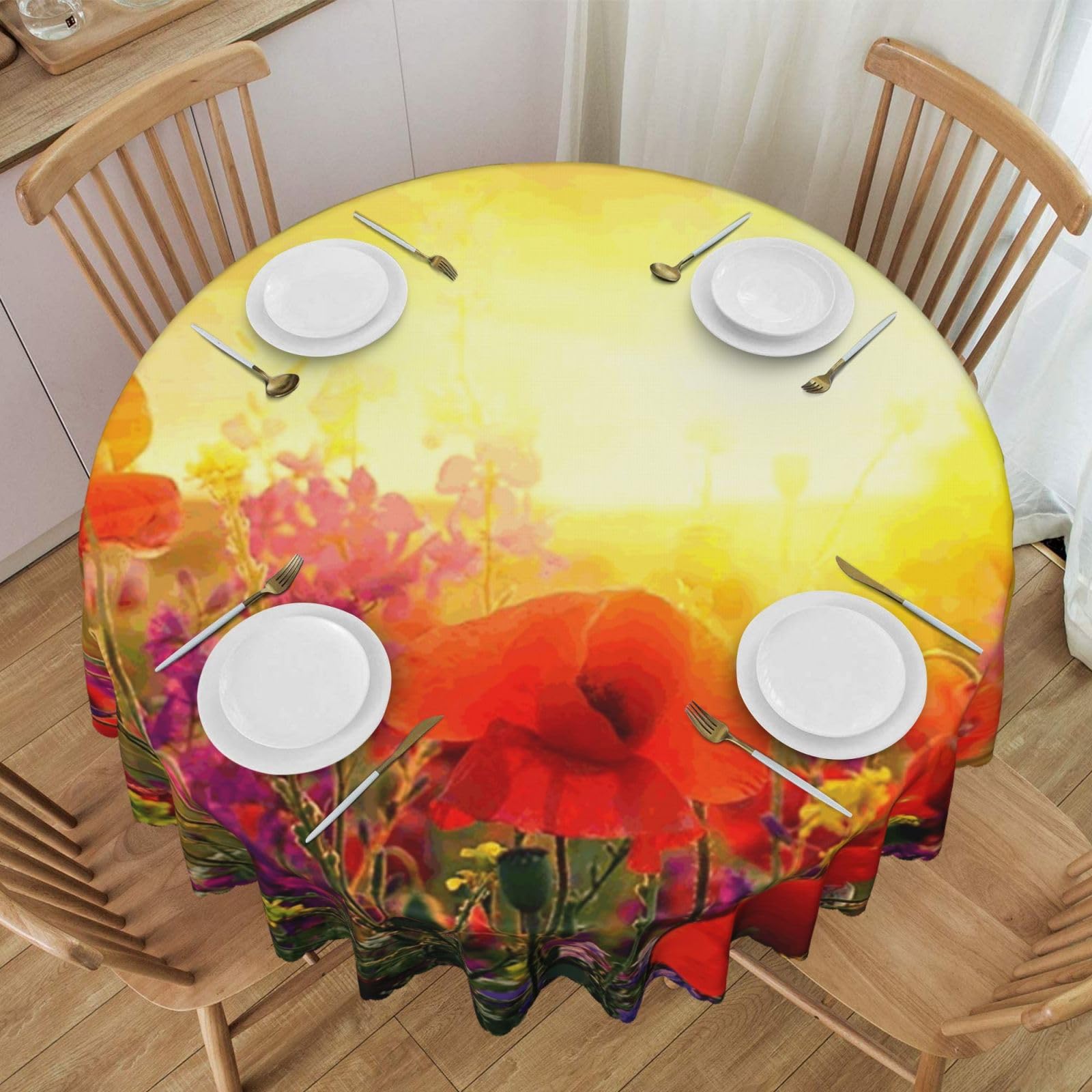 DCEHGEW 60 In Round Tablecloth with Lace, Sunrise Red Flowers Printed Oilproof & Washable Fabric Picnic Table Cloth Table Covers