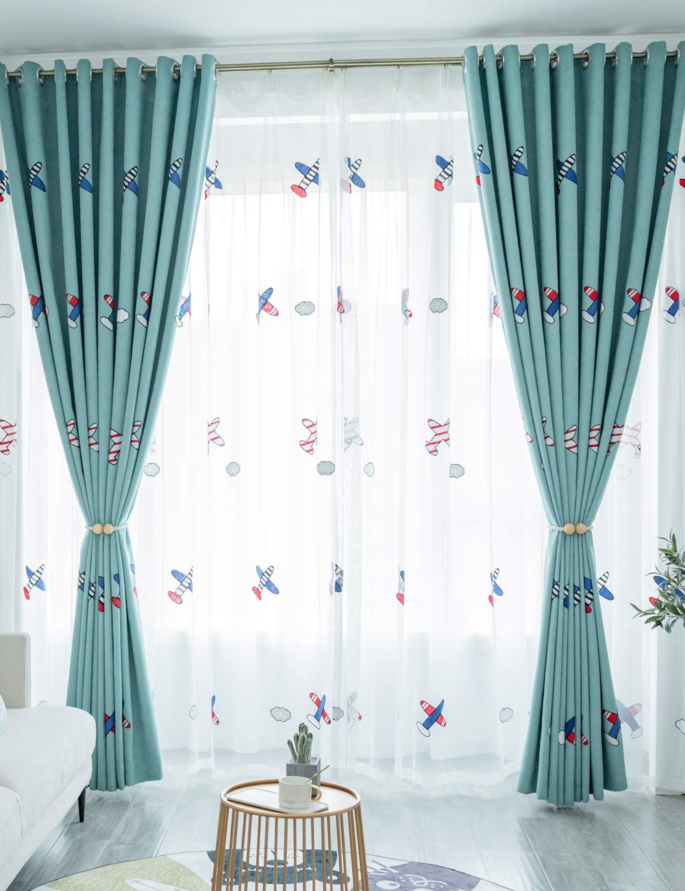 Lactraum Cortina transparente blanca para habitación infantil, con bordado de avión, con banda universal, fabricación especial