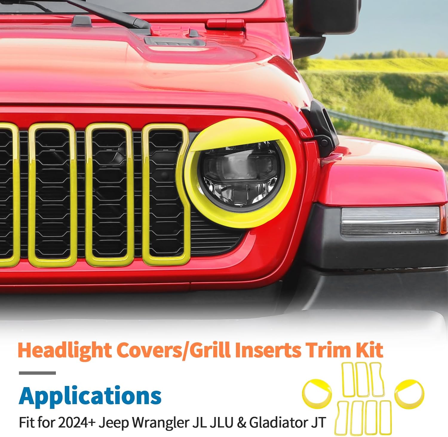 JeCar 9pcs Yellow Grill Inserts Headlight Covers Trim Kit for 2024 2025+ Jeep Wrangler JL JLU Gladiator JT