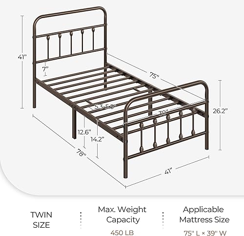 Miniatura 8 de Yaheetech Base de cama clásica de metal con base de colchón con estilo victoriano, cabecera, estribo, almacenamiento debajo de la cama, no necesita