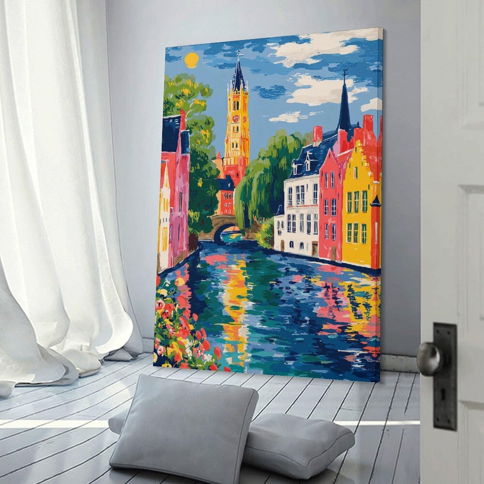 Junmoney Frame-Style Colorful Canal Cityscape Painting Room Decor Wall Art 24X36inch(60X90cm), For Entrance Walls, Hall Decor Or Foyers, A Neat Decor Update For Hallways