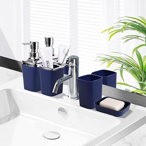 Miniatura 5 de Juego de accesorios de baño de 9 piezas de plástico con basura, soporte para cepillos de dientes, vaso para cepillos de dientes, dispensador de