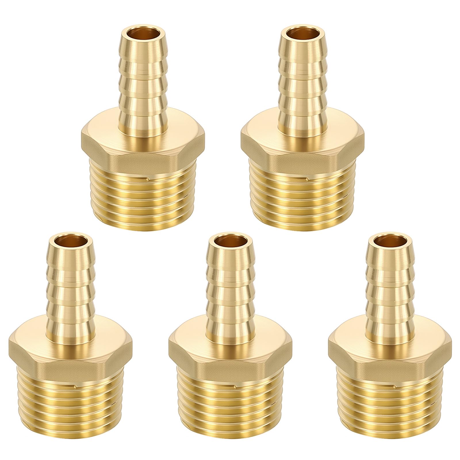 METALLIXITY 5pcs Brass Hose Barbs to NPT Male Adapter 3/8" Barb x 1/2" NPT Male for Automotive, Motorcycle, Marine, Truck, RV Fuel Systems