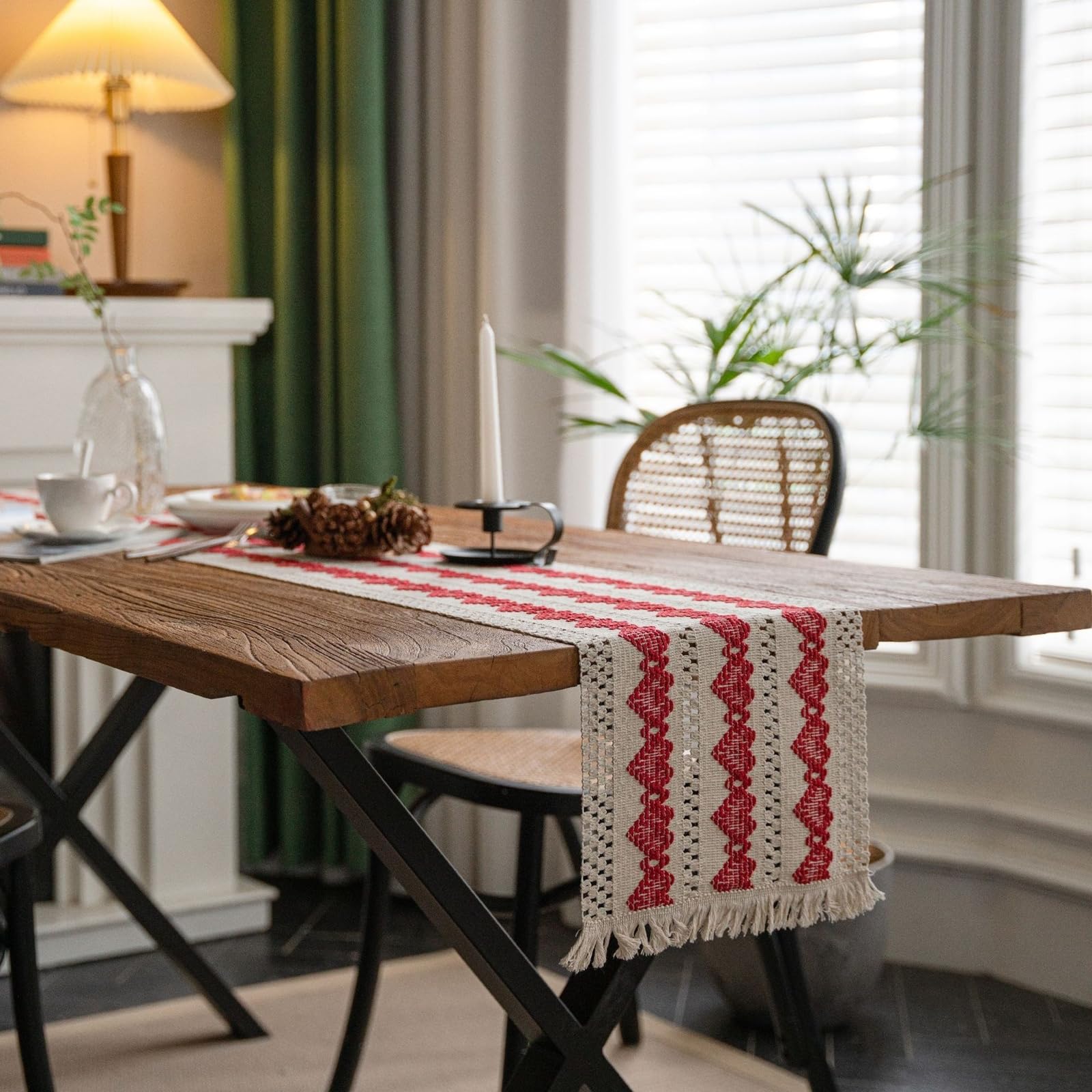 Tischläufer Baumwollleinen Wohnzimmer, Tischläufer Modern 30x275 cm, Gewebtes Rotes Herzmuster mit Quasten