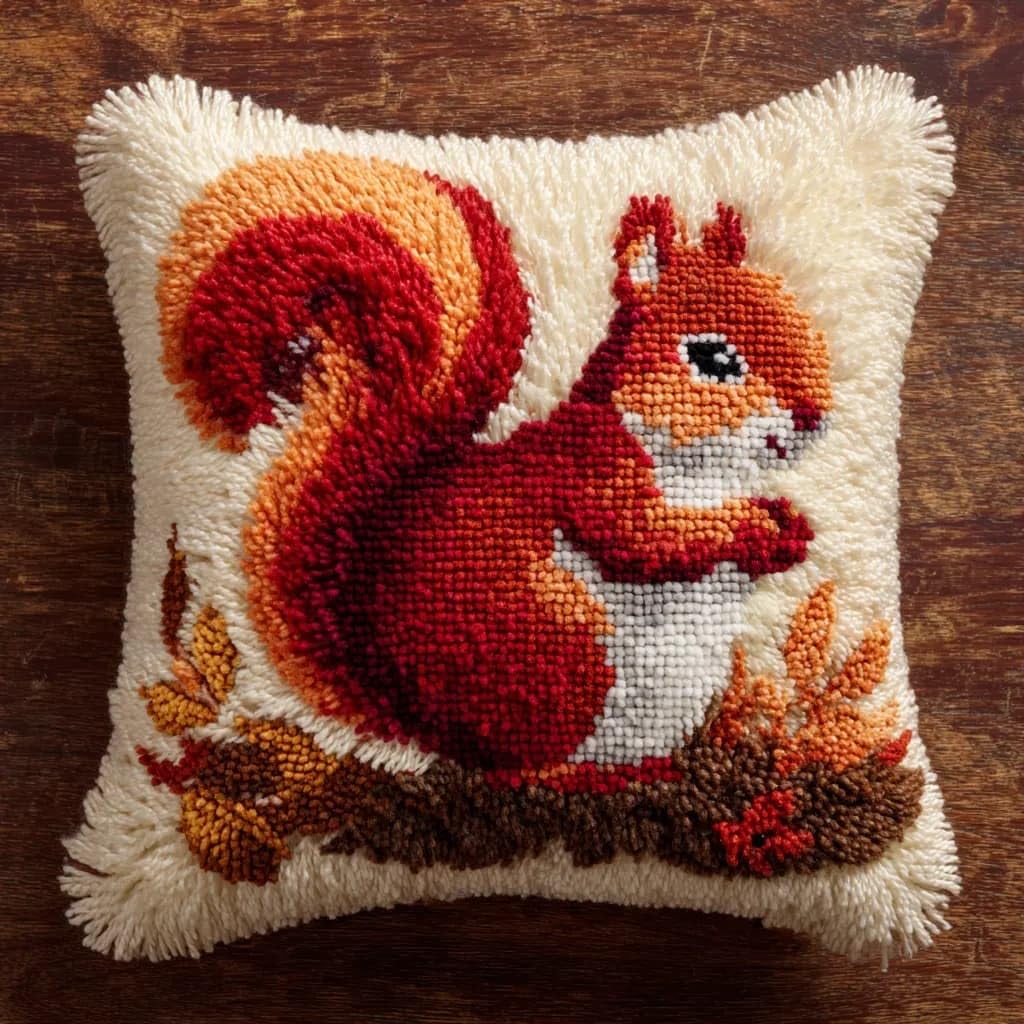 Kitquiver Latch Hook Cushion Kits F Latch Hook Rug Kits For Adults Squirrel Diy Latch Hook Cushion Cross-Stitch Embroidery Cushion Cover For Home Sofa Decoration 17X17 In.