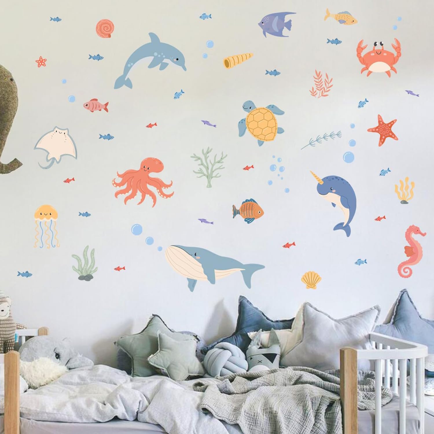 HPNIUB Under The Sea Kids Ocean Themed Wall Stickers 35”x12”Colorful Animal Room Sticker Fish Dolphin Window Clings Sea Life and Creature Removable Wall Stickers for Bathroom Kids Room Decor