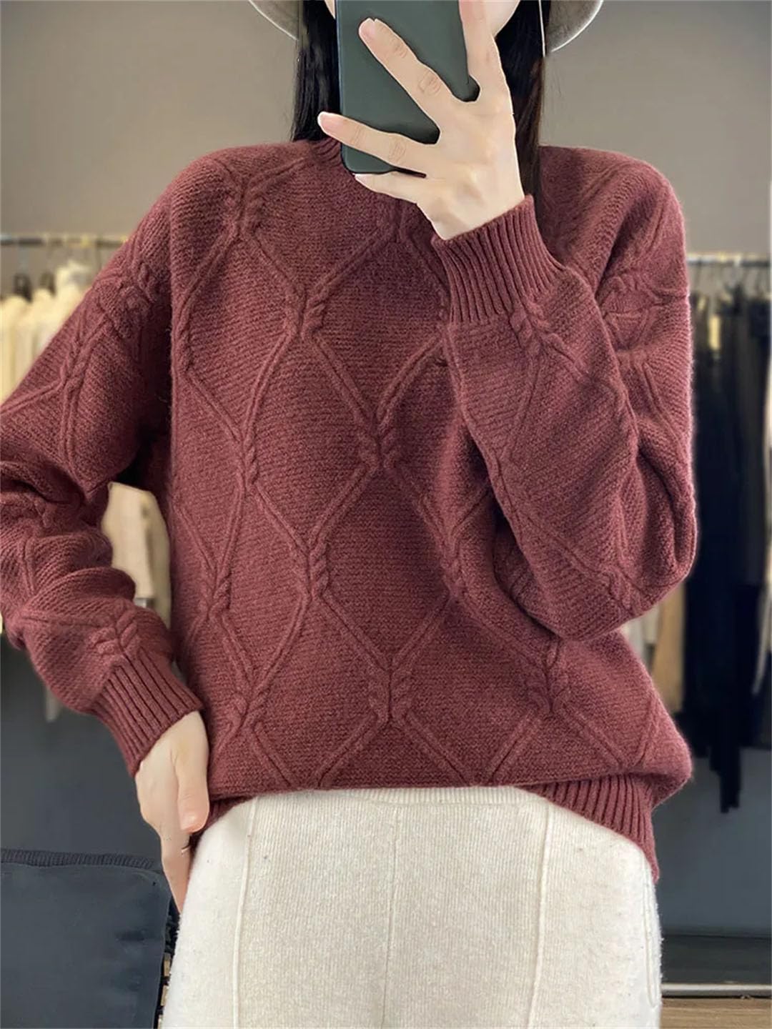 Vogrtcc Maglione da Donna Autunno Inverno Collo A Lupetto Pullover Spesso Maglione Lavorato A Maglia di Cashmere Intrecciato di Lana