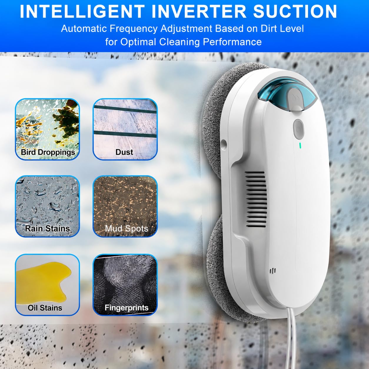 Robot Lavavetri Automatico con Spray Ultrasonico, Serbatoio da 95 ml, Aspirazione Potente, Rilevamento Bordi, Telecomando, Cavo di Sicurezza, per Finestre, Vetri, Specchi e Box Doccia