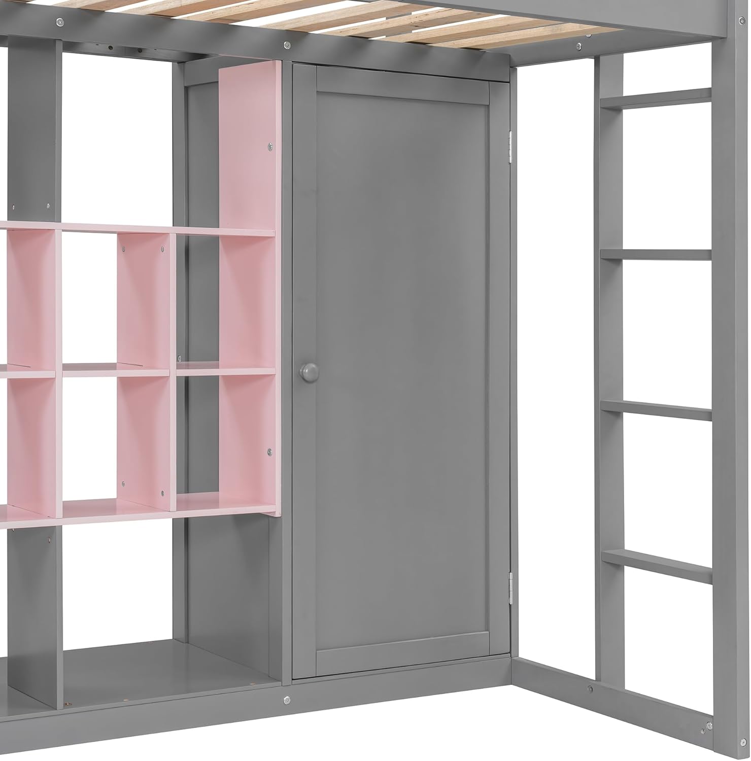 Twin Size Loft Bed with Open Wardrobe, Storage Shelves and Cabinet, Modern Wood Loft Bed Frame with Reversible Ladder and Full-Length Guardrails for Kids Teens Adults (Gray+Pink-02, Twin)