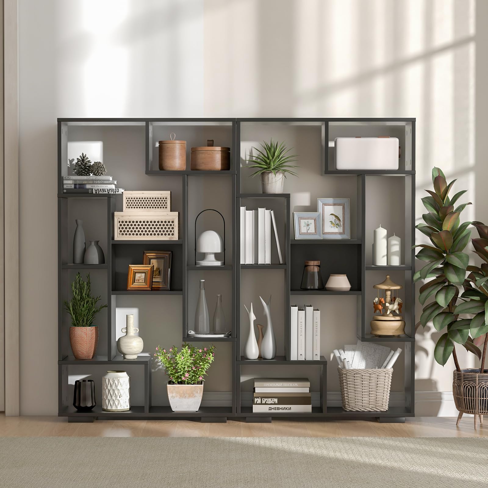HOMASIS Librería geométrica con Compartimentos Abiertos, Estantería de pie Moderna con Kits Antivuelco, Organizador de Almacenamiento de Madera para salón, Dormitorio, 70x20x120cm (Nergo)
