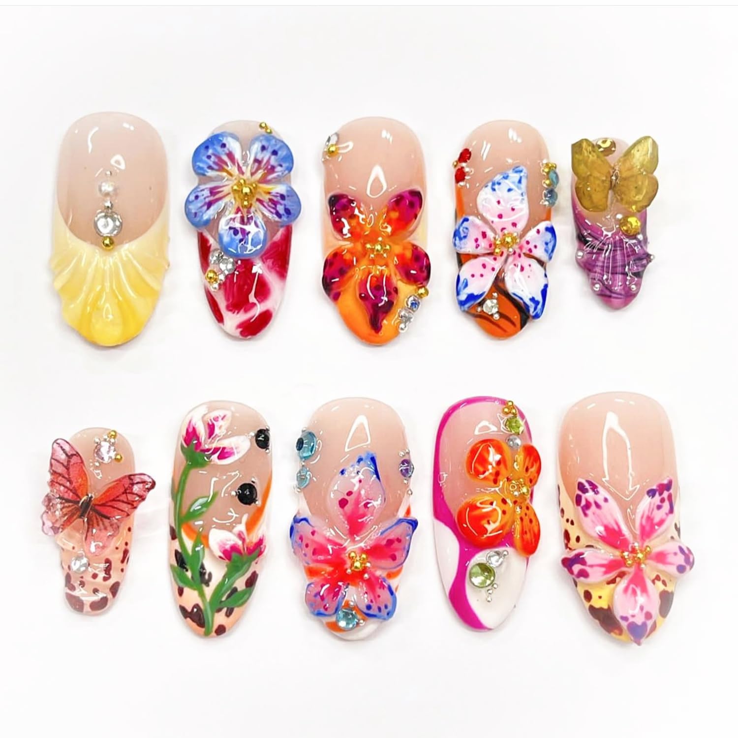 24pcs Colorful Flower Press on Nails Medium Almond Fake Nails with 3D Summer Floral Butterfly Rhinestone Design Glue on Nails French Tip False Nails