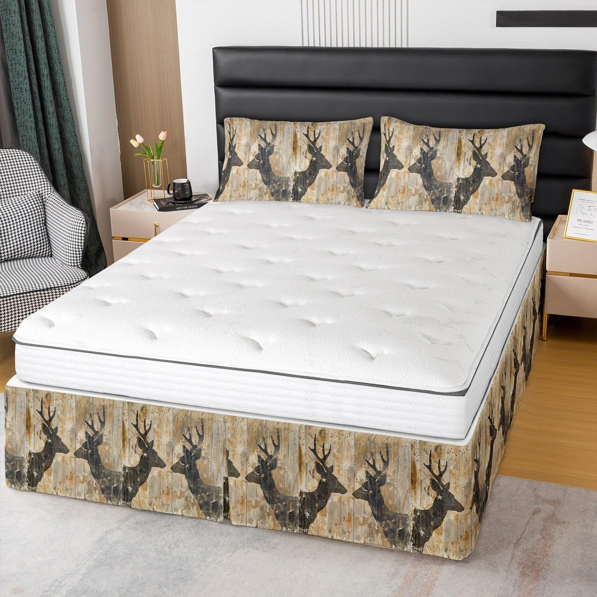 Feelyou Deer Bedskirt Queen, Boys Deer Bed Skirt for Kids Cute Dear Sheet & Wrap Around Bed Skirt Camo Deer Dust Ruffle Pleated Bedskirt with Split Corners