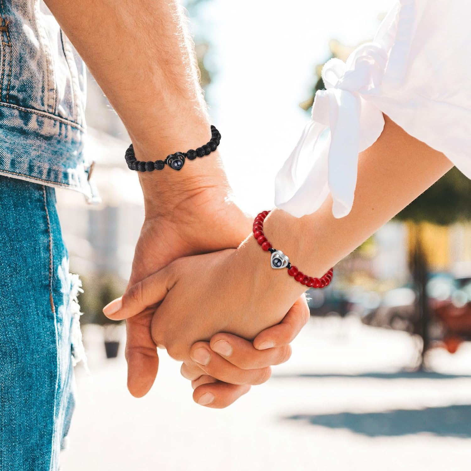 ROSI Personalized Matching Couple Bracelets with Picture Inside for Men Women Custom Bracelet with Photos Memorial Anniversary I Love You 100 Languages Bracelet Gifts for Him or Her