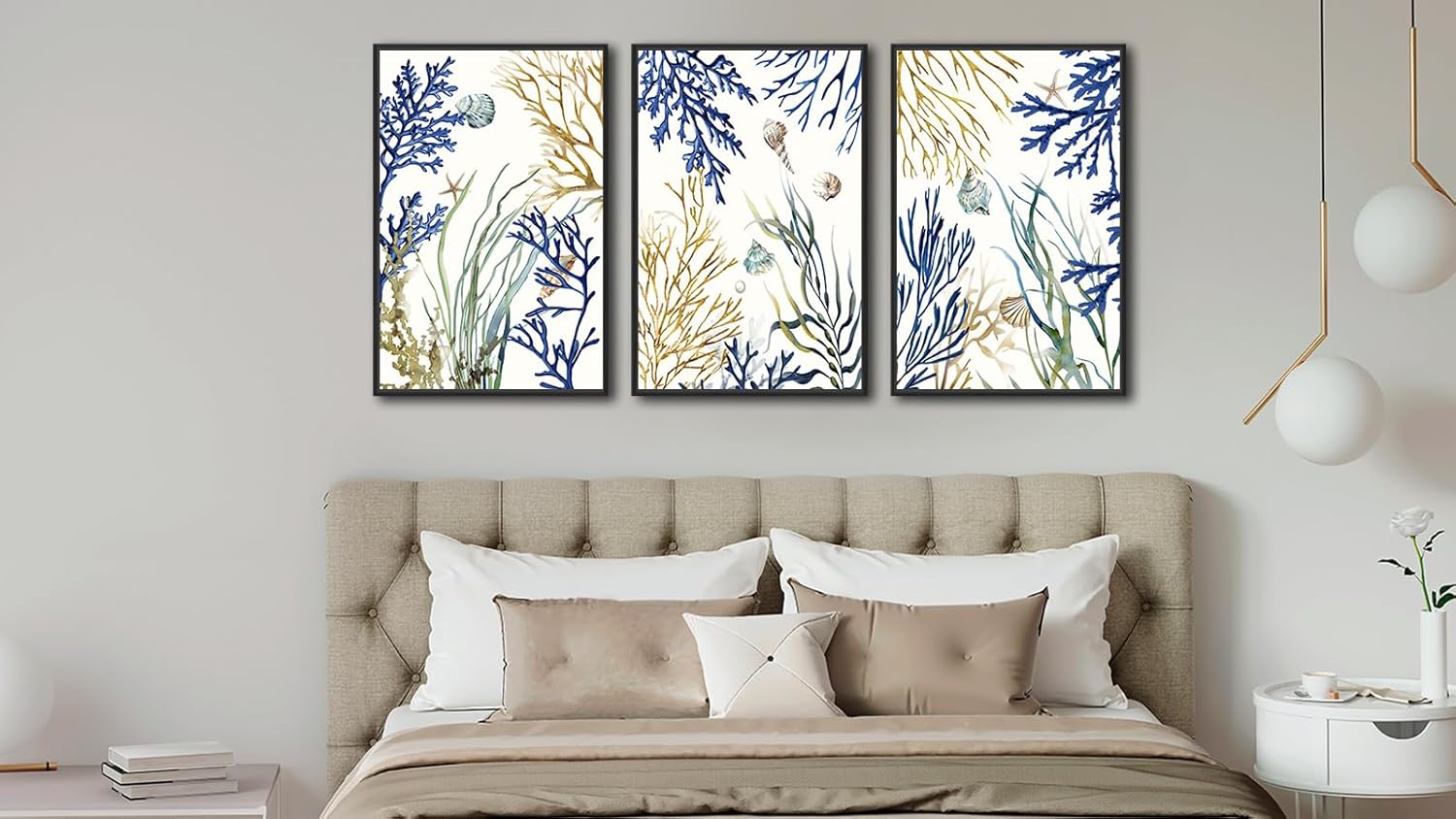 Large Framed Ocean Wall Art - Navy Brown Coral Wall Decor 20"x28" Set of 3 Coastal Wall Art Prints Starfish Shell Conch Paintings Pastel Beach Canvas Pictures for Living Room Bedroom Bathroom