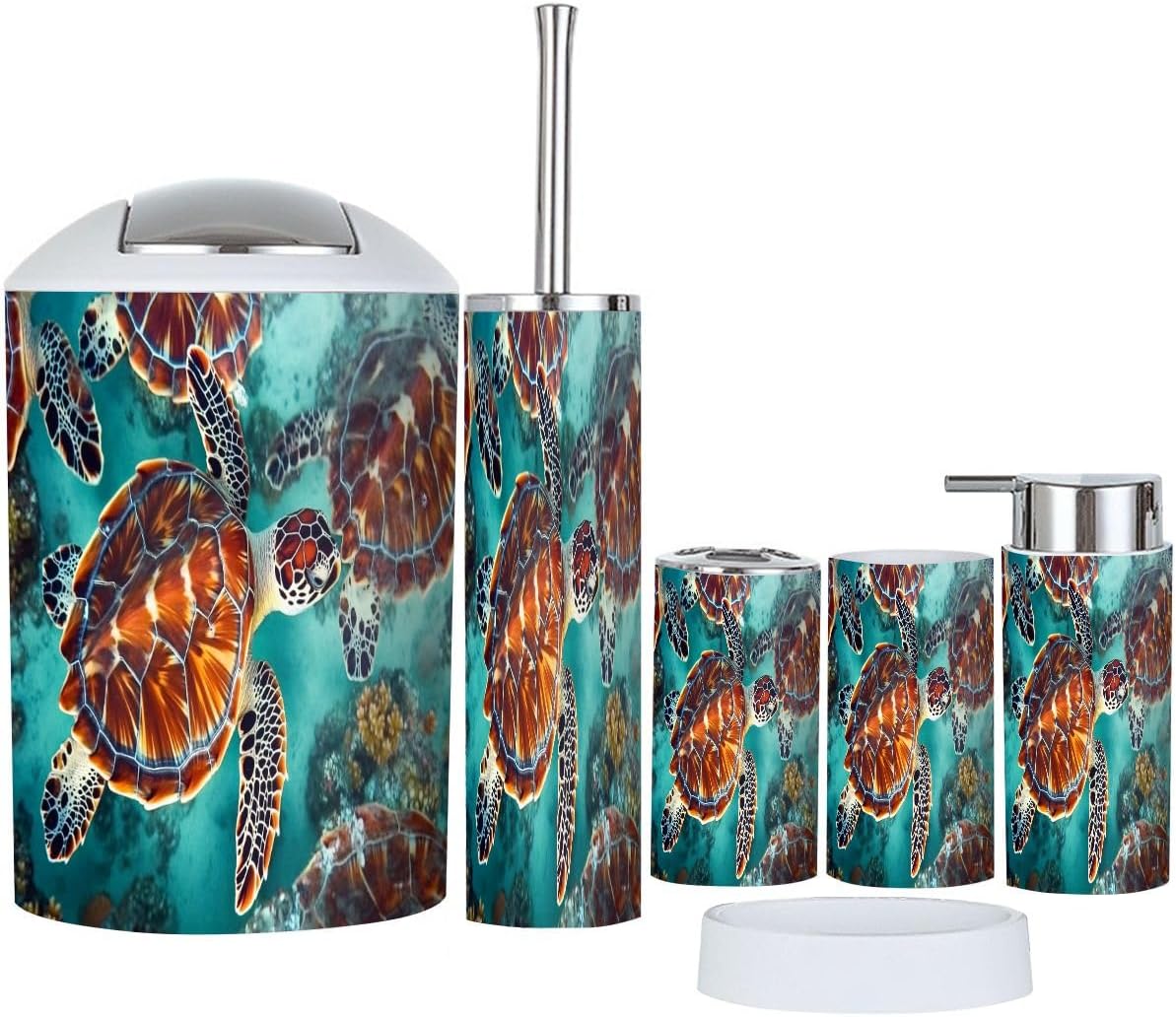 Bathroom Accessories Set 6 Pcs Green sea Turtle Swimming Below Ocean s Surface Toothbrush Holder Cup Soap Dispenser Soap Dish Toilet Brush Holder Trash Can for Countertop Decor