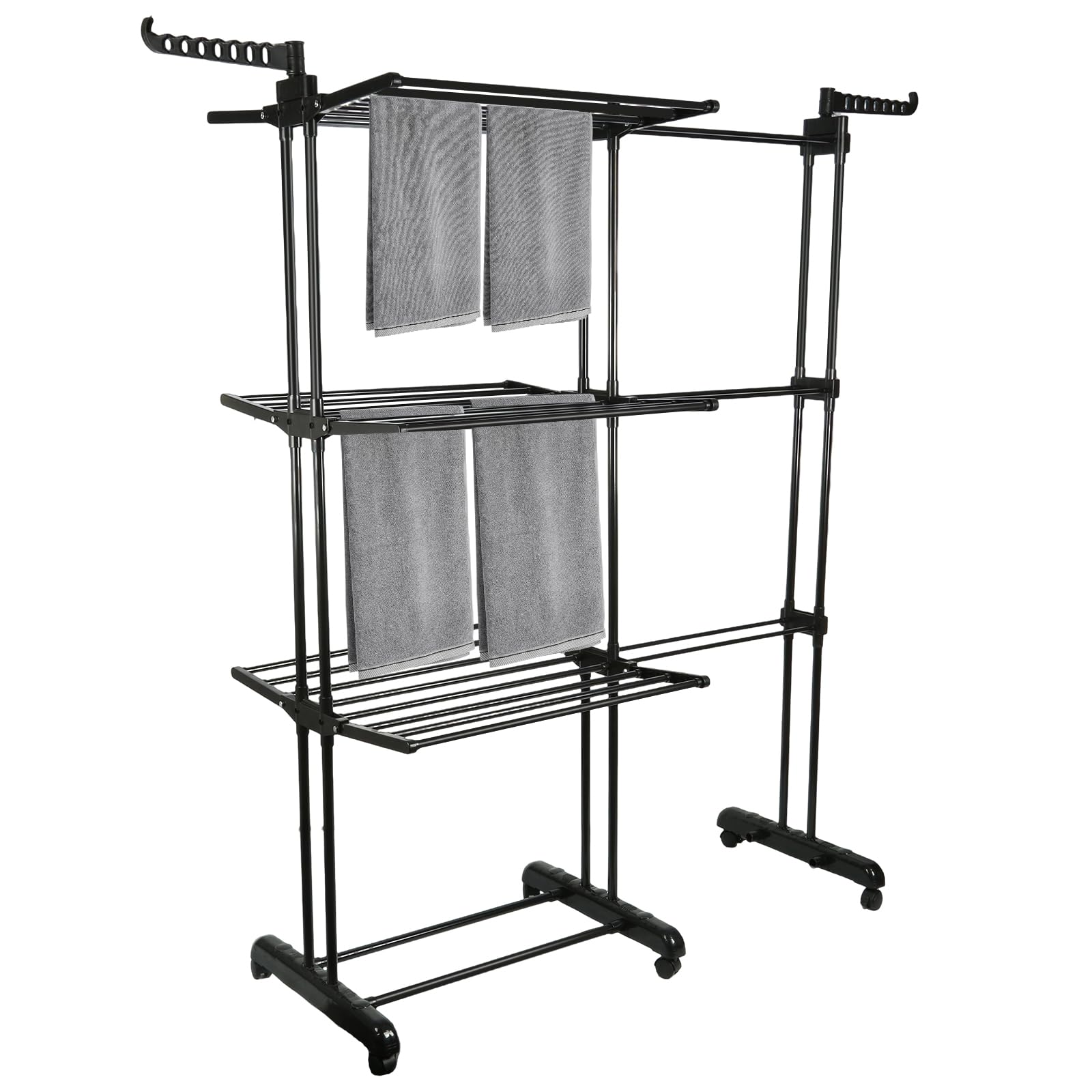 Tendedero de ropa de 4 niveles – Secador de ropa plegable con ruedas, tendedero interior y exterior de acero inoxidable, gran secadora de ropa para lavandería, balcón, 142,5 x 64 x 170 cm (negro)