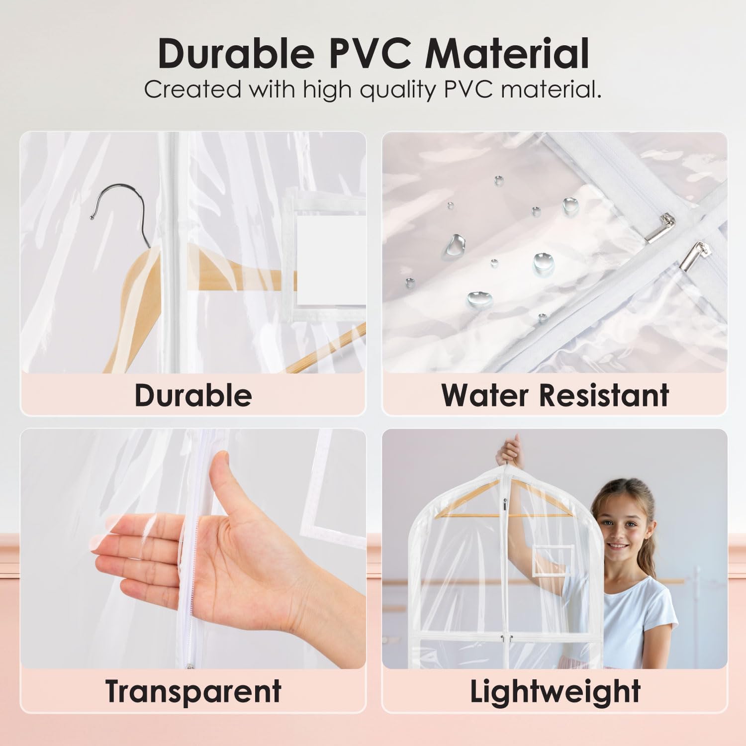Garment Bags for Dance Costumes, Upgraded 40 inch Kids Clear Dance Competition Garment Bags for Dancers Hanging Clothes with 5 Zipper Pockets for Cheer, Ballet, Travel, Clear White- 3 Pack