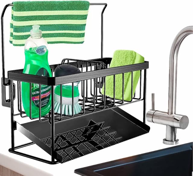 DMJWAN Kitchen Sink Caddy Organizer, 304 Stainless Steel Sponge Holder Sink Caddy for Dish Rags Brush Soap Scrubber with Auto Drain Tray