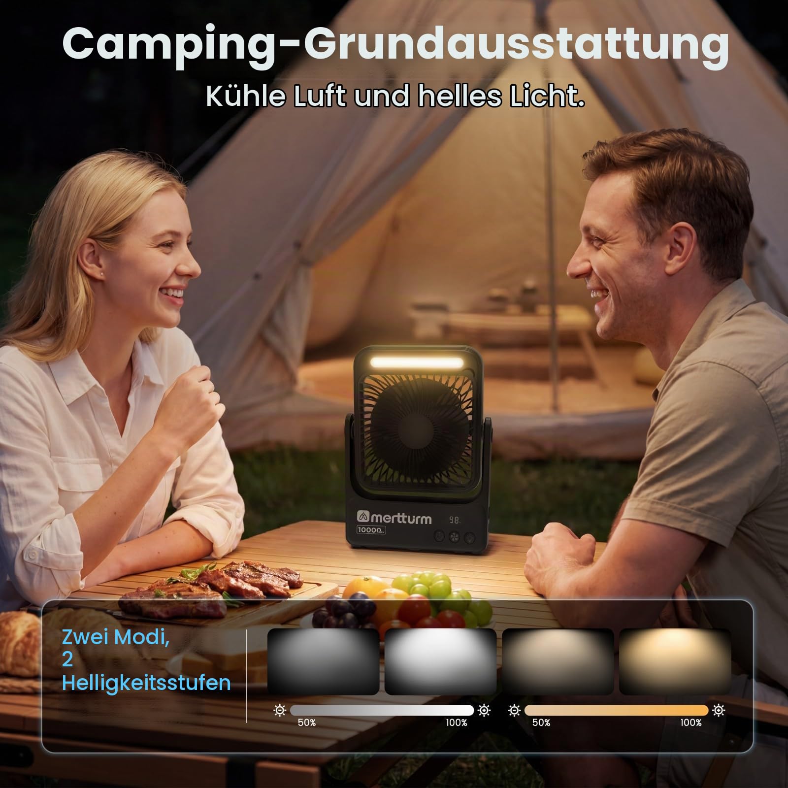 MERTTURM Magnetischer Camping Ventilator mit Lampe, 10000mAh Ultradünner Tragbarer Tischventilator, 4 Geschwindigkeitsstufen, Fernbedienung für Kreuzfahrtschiff, Schlafzimmer, Camping, Reise, Büro