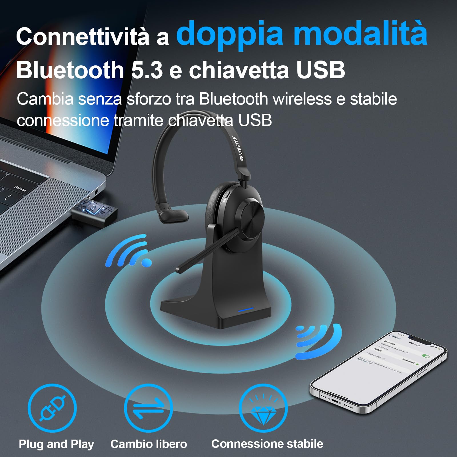 Voistek Cuffie Bluetooth Wireless con Microfono e Cancellazione del Rumore, Dongle USB per PC, Pulsante Muto, Ideali per Ufficio, Meeting, Zoom, Call Center, Homeoffice, Computer, Nero
