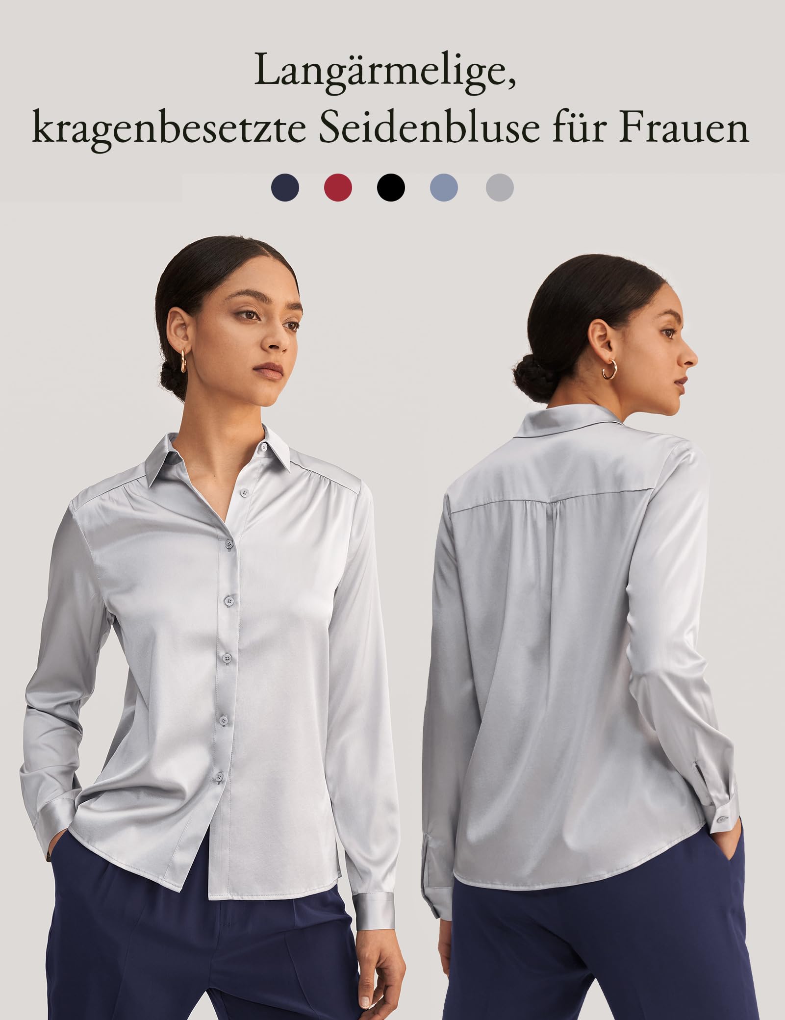 LilySilk Frauen Seide Hemdbluse Damenhemd Shirt Langarm Kragen Klassische Bluse mit V-Ausschnitt für Arbeit oder Freizeit