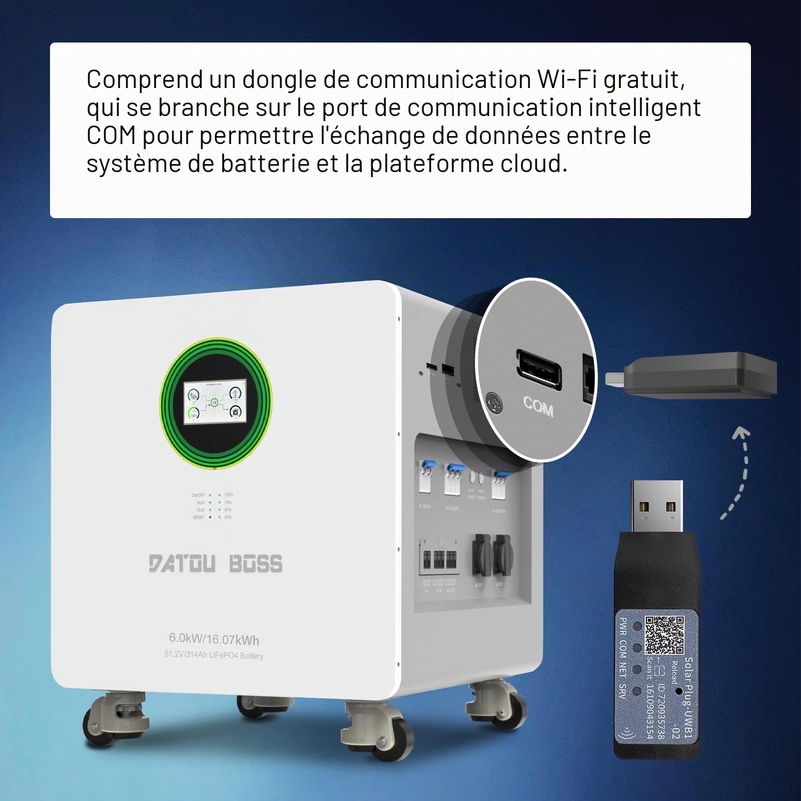 DATOUBOSS Batterie Lithium 48V 314Ah LiFePO4+6000W Onduleur Hybride 48V