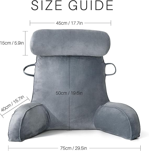 GKXLH Reading Pillow - Velvet Reading Pillows for Sitting in Bed Adult, Back Pillow for Bed Sitting Up with Round Pillow, Back Arm Support Bed Rest Pillows with Arm & Pocket & Washable Cover (Grey)