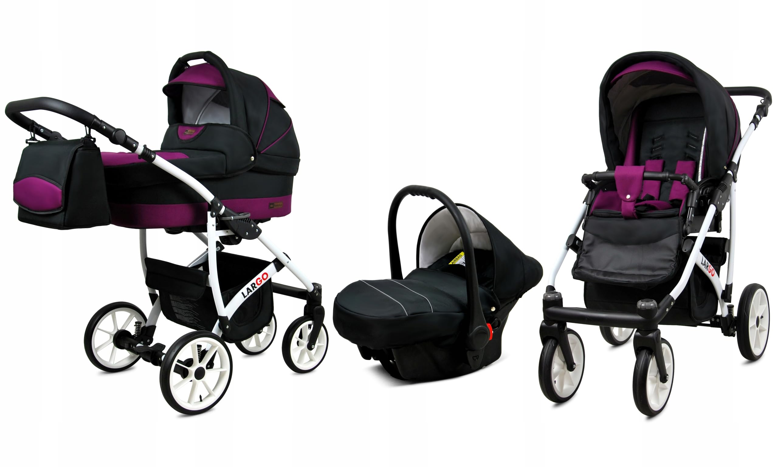 BabyLux Zestaw wózków dziecięcych 3 w 1 – Largo – w zestawie wanienka dla niemowląt, fotelik sportowy, fotelik samochodowy – zestaw wózków dziecięcych z torbą do przewijania, osłoną przeciwdeszczową
