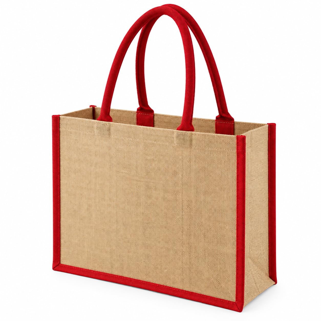 Hyper Mart Natural Large Reusable Hessian Bag with Padded Cotton Handles – Laminated Strong Bag for Shopping, Gifts & Everyday Use (RED HANDLES AND EDGES)