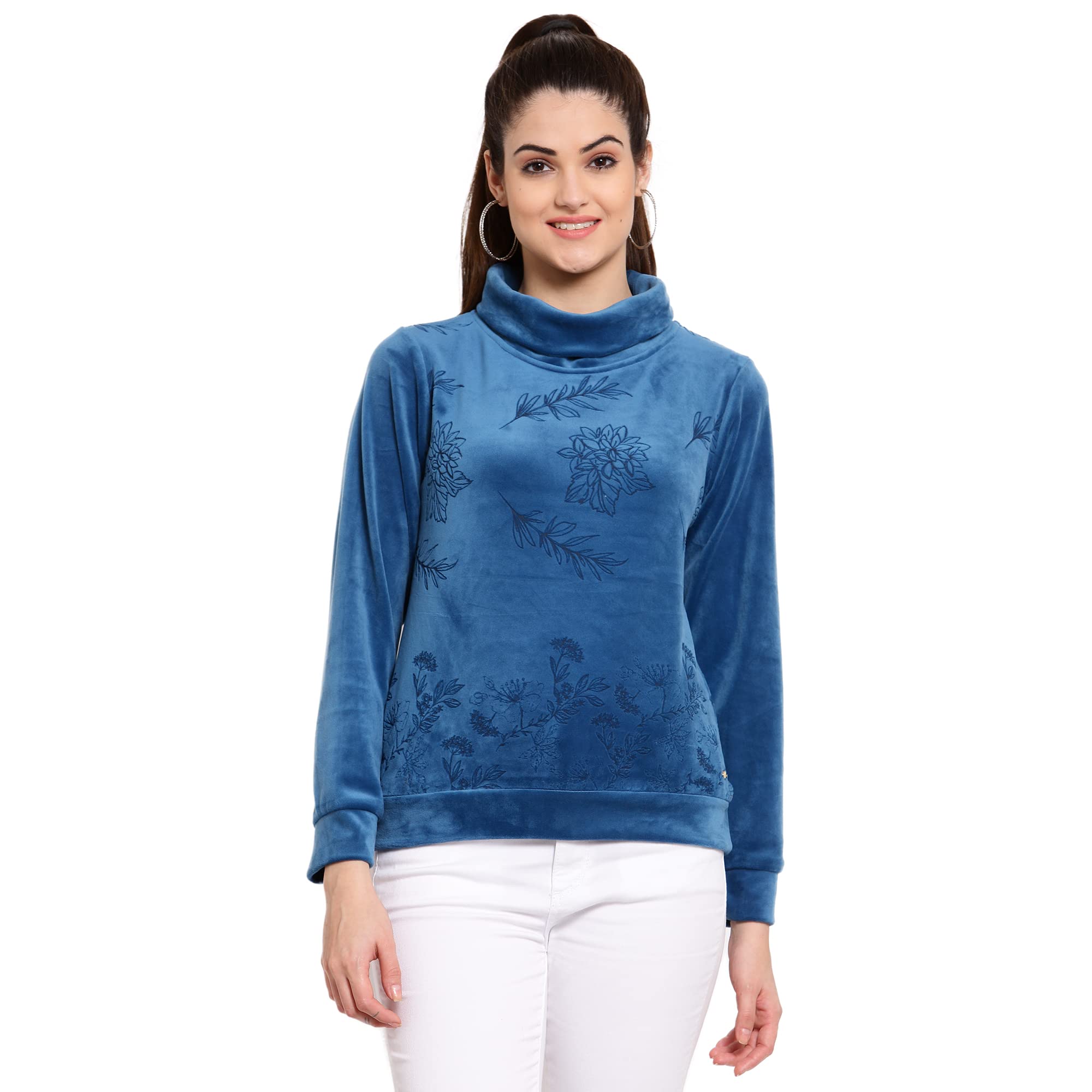 Juelle Women Printed Blue Mock Collar Fleece Sweat Shirt