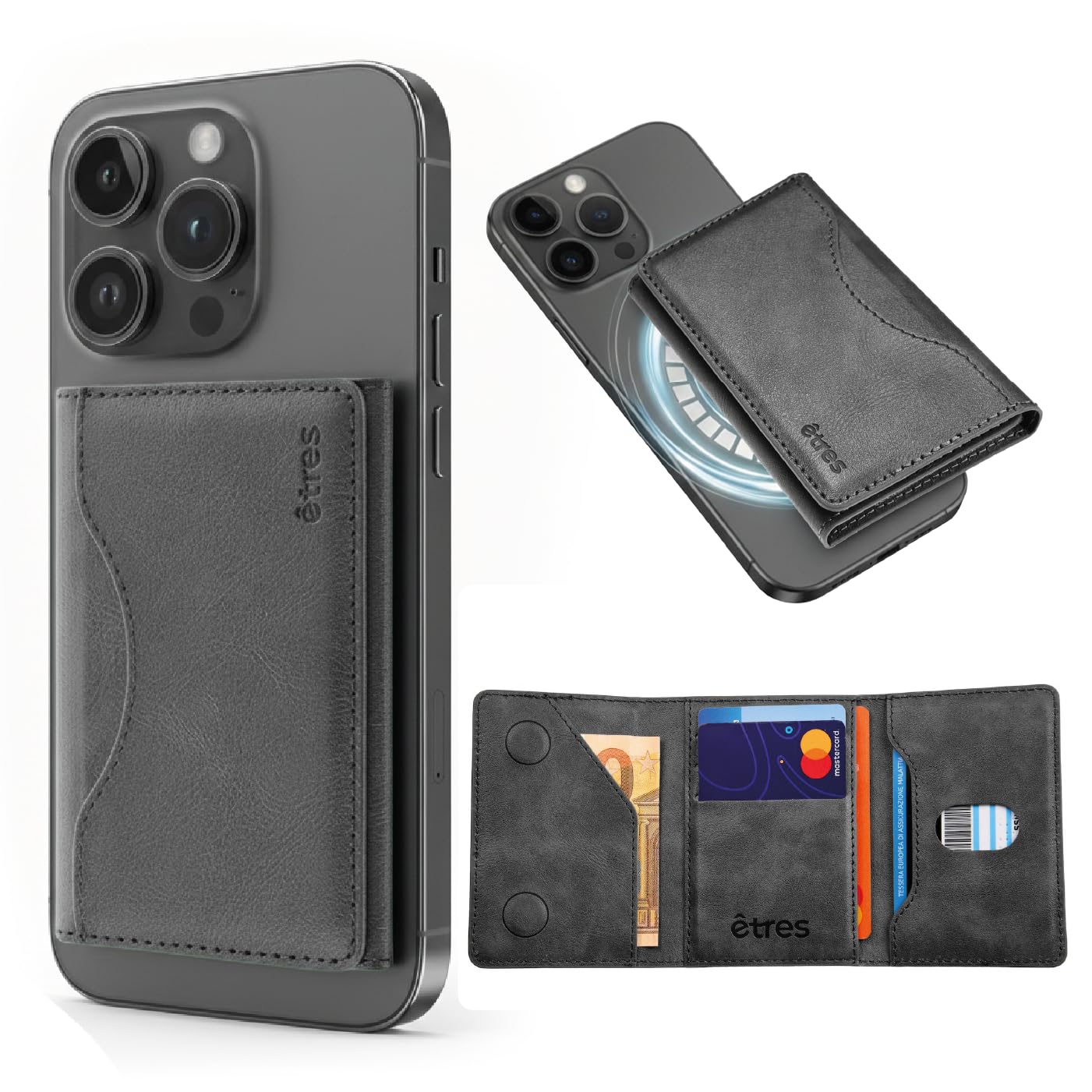 Portafoglio Etres Magnetico wallet Slim Compatibile con MagSafe per iPhone 16/15/14/13/12 Serie, Porta Carte in PU Blocco Rfid protezione, o pagamento contact less fino a 6 carte + contanti (GREY)
