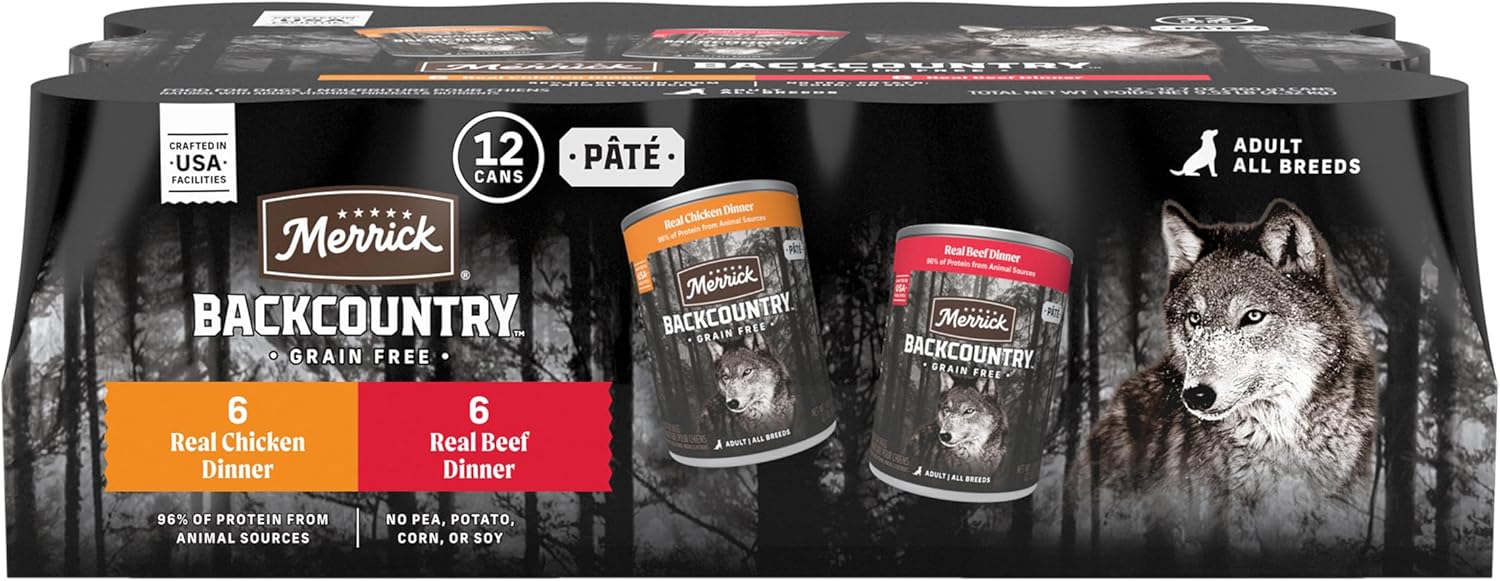 Merrick Backcountry Grain Free Premium Canned Dog Food, Variety Pack, Real Beef and Chicken Dinner Recipes - (Pack of 12) 9.5 lb. Cans