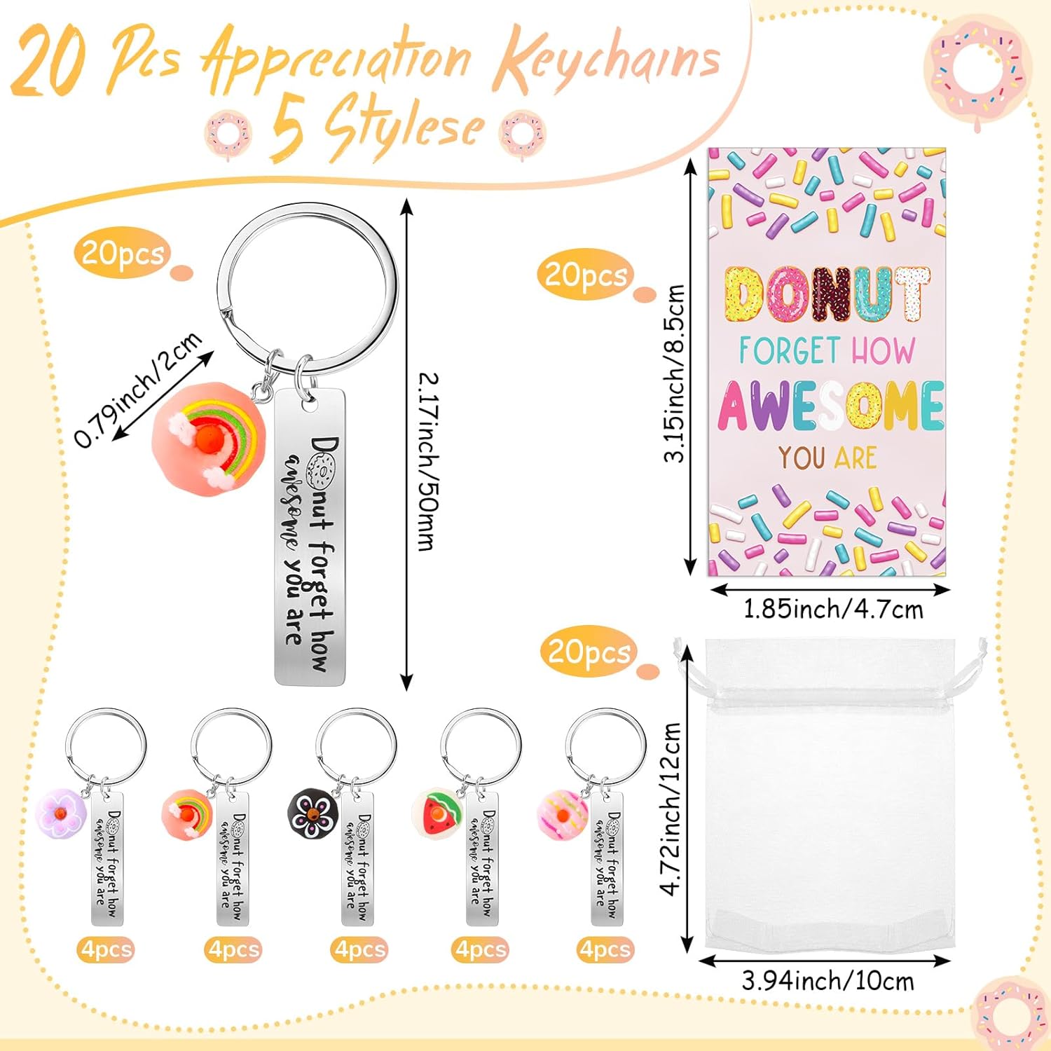 20 Sets Glow in The Dark Donut Keychains Bulk Emotional Appreciation Positive Support Gift for Employee Coworker Teacher Volunteer Team - Image 2