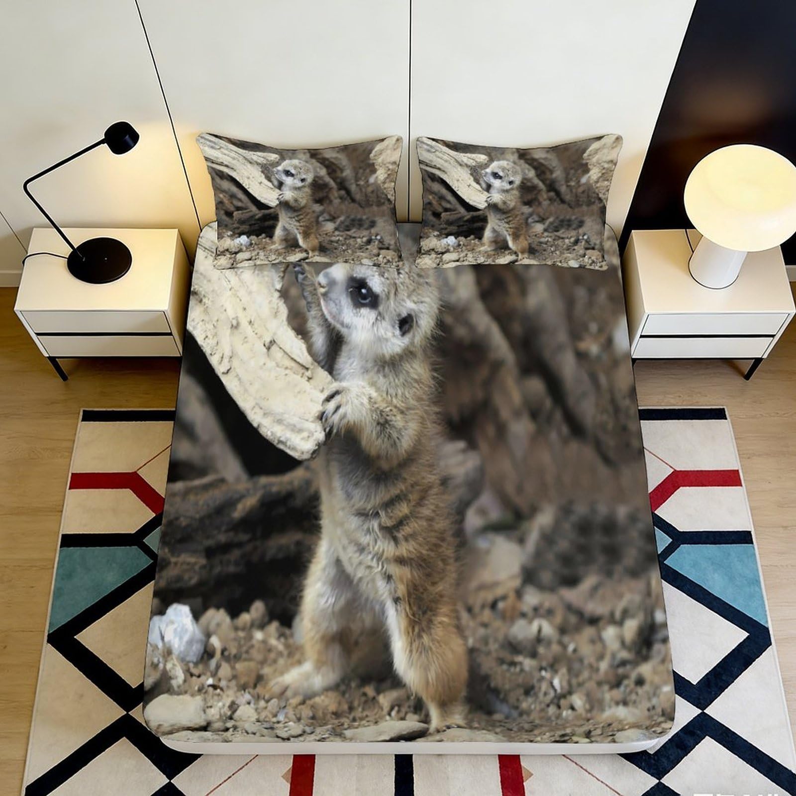 3D Printed Meerkat Wildlife Fitted Sheet Microfiber Soft Animal Bed Cover for Bedroom Dorm Mattress Protection 90x200x25cm