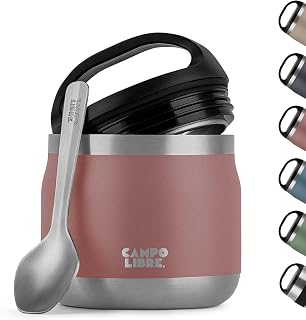 Campo Libre.® Lotta, Thermobehälter für Essen, Edelstahl Thermobecher Essen mit Löffel, Warmhaltebehälter Essen, Mueslicup oder Babybrei Warmhaltebox, Thermo-Essensbehälter, Pink, 400ml