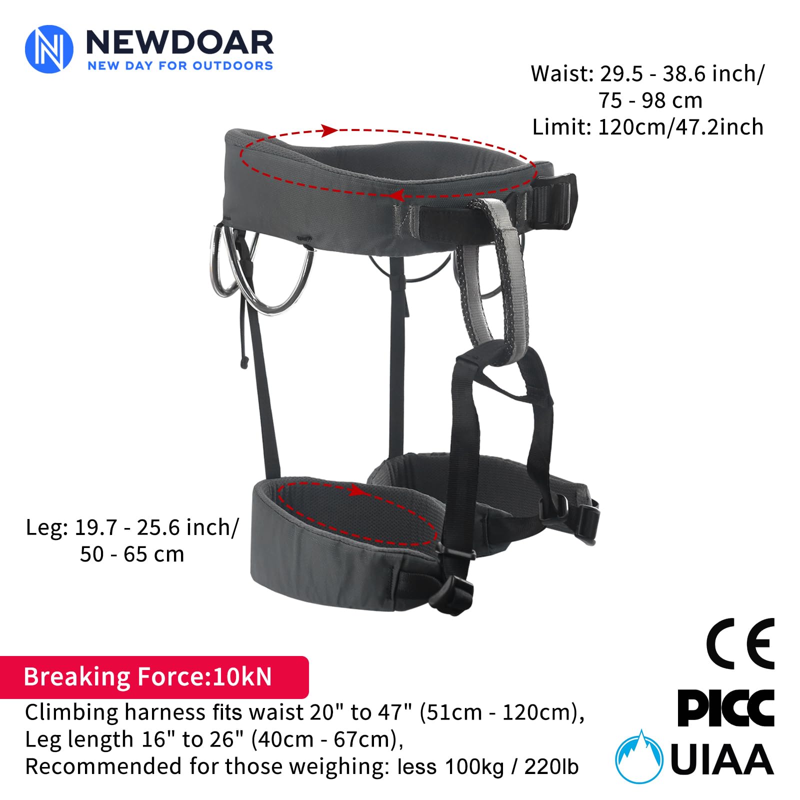 NewDoar Arnés de escalada certificado UIAA y CE, arnés de escalada en roca, arnés de medio cuerpo, protección de cadera de cintura, cinturón de seguridad ajustable para rapel, rescate de incendios,