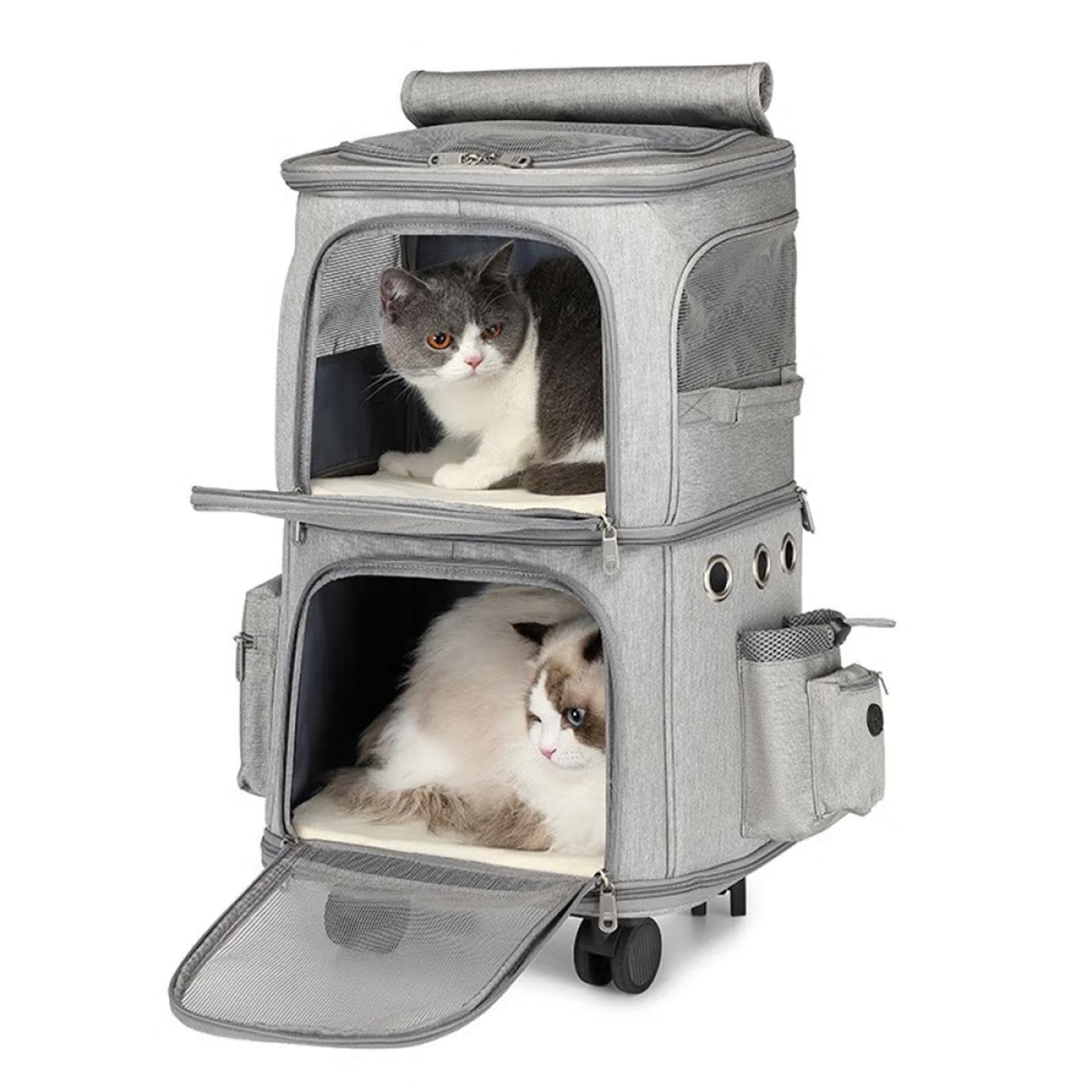 Großer Doppel Transportwagen für Zwei Katzen, ausgestattet mit Komfortfunktionen für unterwegs. Der per Knopfdruck arretierbare Griff ist höhenverstellbar. Hervorragende Belüftung.