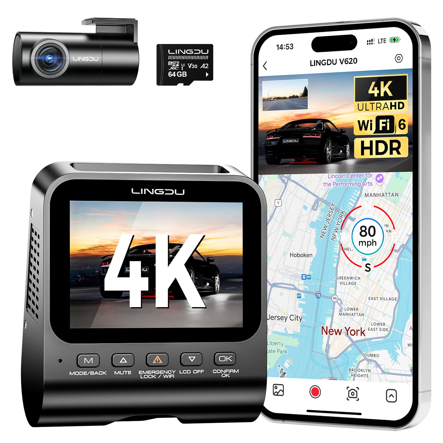 4K Dash Cam Front and Rear, WiFi6 4K+1K Dash Camera for Cars, HDR Dashcam 64GB Card, Voice Control ADAS GPS, Night Vision, Motion Detection 24H Parking Mode, Upgraded Timeline Playback APP LINGDU V620