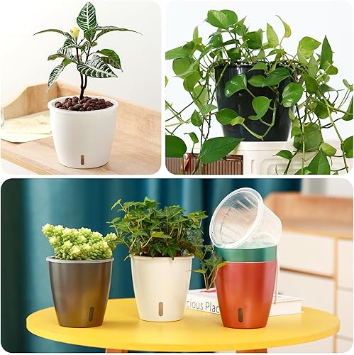 Miniatura 9 de Macetas de autorriego para plantas de interior, paquete de 6 macetas de riego automático de 5 pulgadas con orificios de drenaje, macetas pequeñas