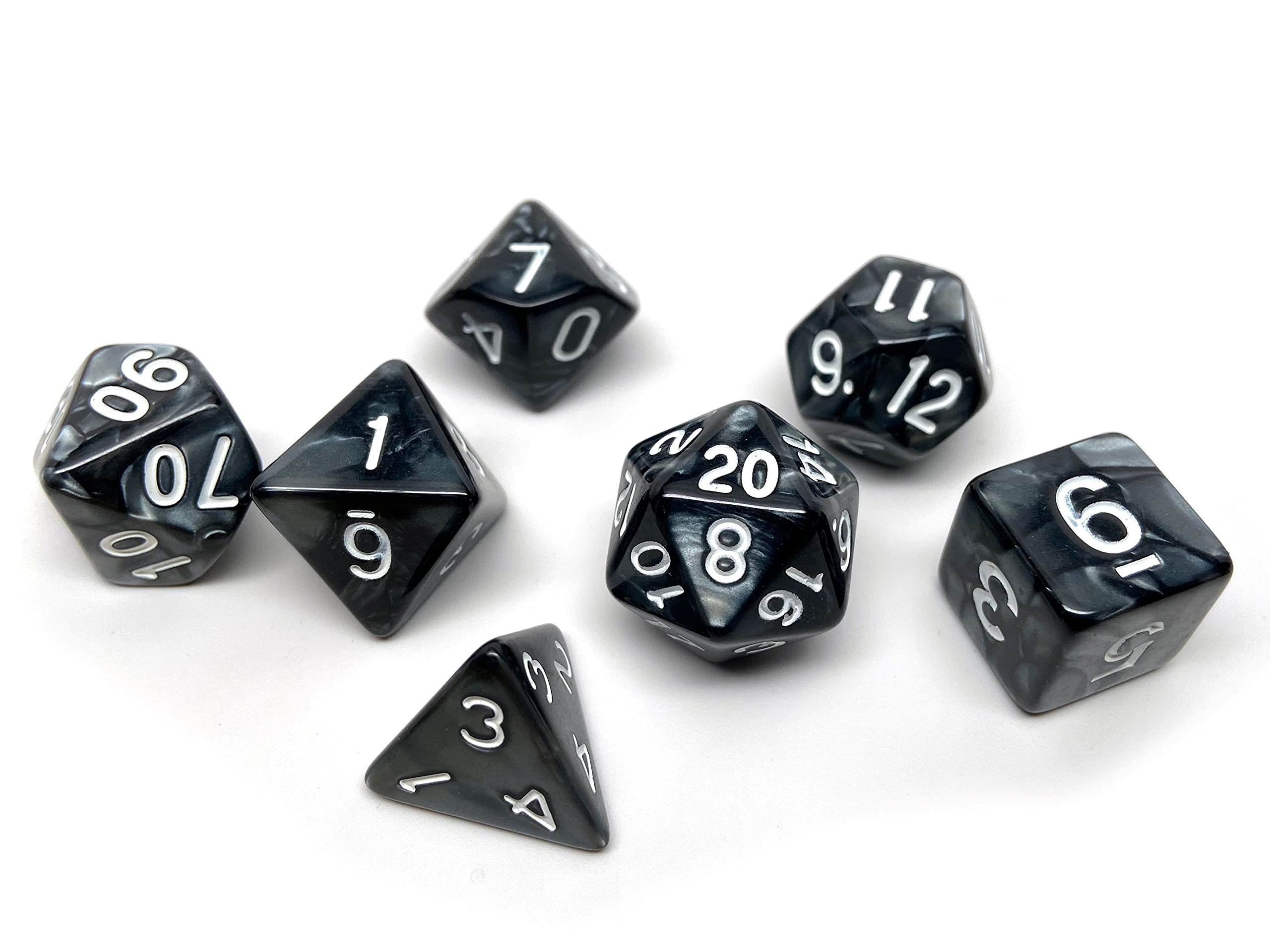 Marble Swirl Polyhedral Dice Set - 7 Piece Dice Set with One D20, D12, D10, D8, D6, D4, and D00 (Black Marble with White Font)
