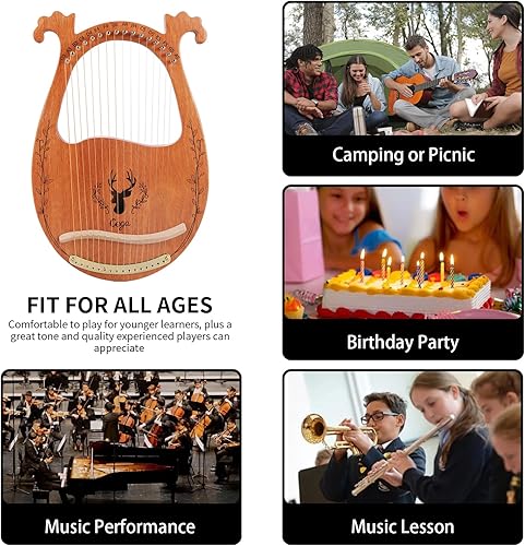 Miniatura 7 de Arpa de lira, 16 cuerdas de caoba arpa acústica con cuerdas adicionales, púas, palanca de afinación, bolsa de concierto negra, manual para