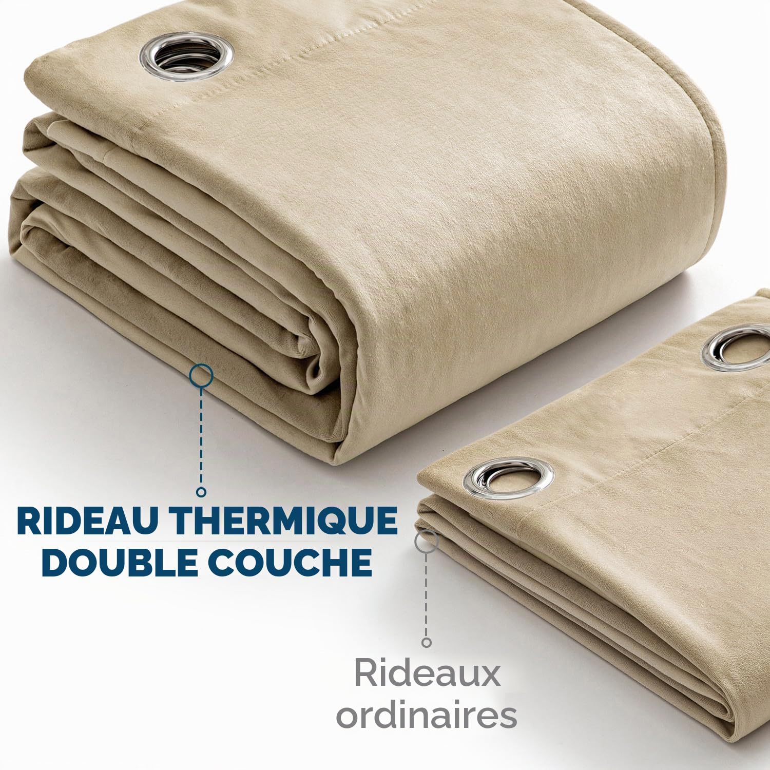 EMEMA Rideau Velours Beige Occultant Thermique à Oeillets 1x132x260cm | Double Couche Isolation Anti Froid Intimité Phonique Salon Chambre Cuisine Perforé Tissu Hivernal Épais Doux