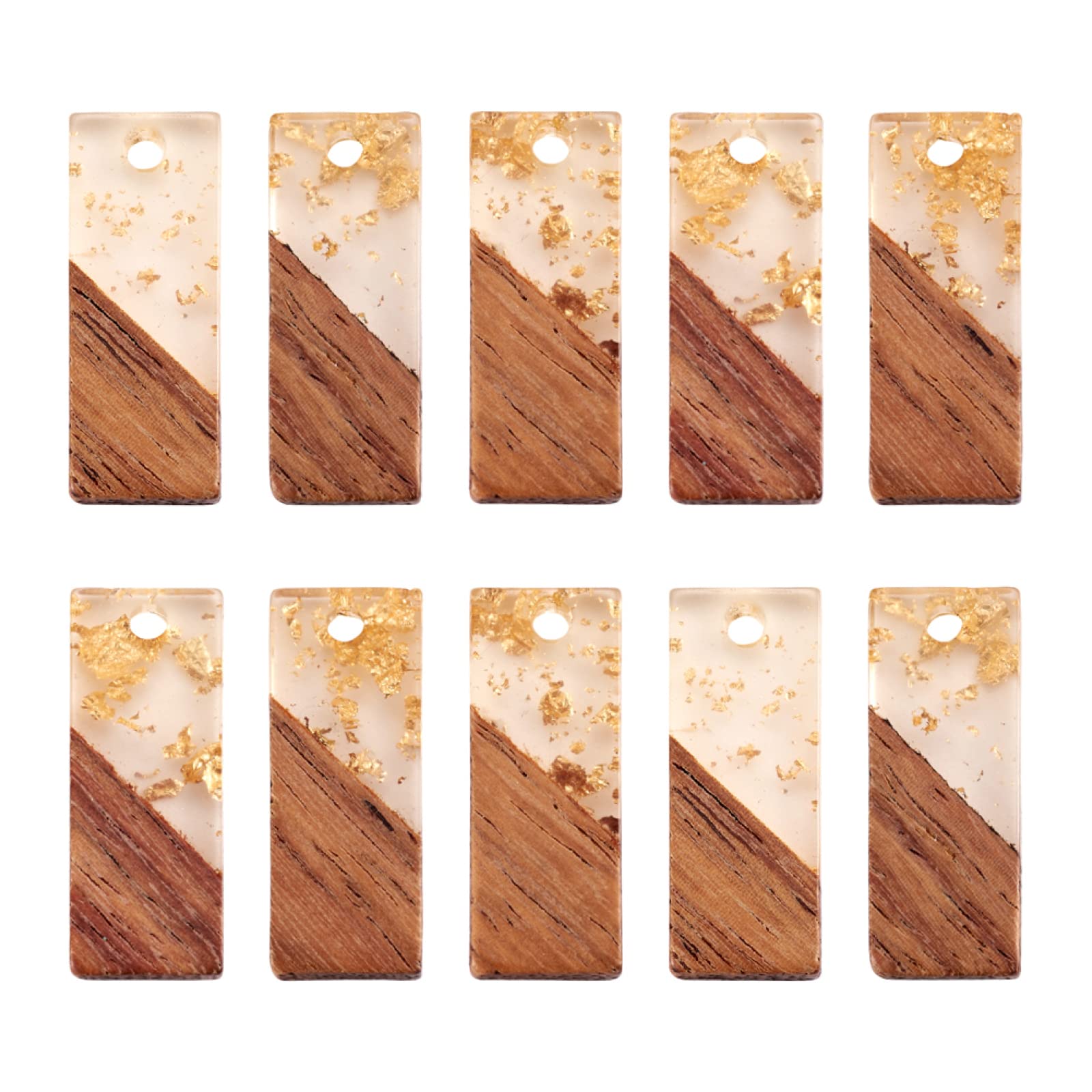 FASHEWELRY 10Pcs Transparent Resin Wooden Earring Pendants Geometric Rectangle Vintage Resin Walnut Wood Charms with Gold Foil for Necklace Earring