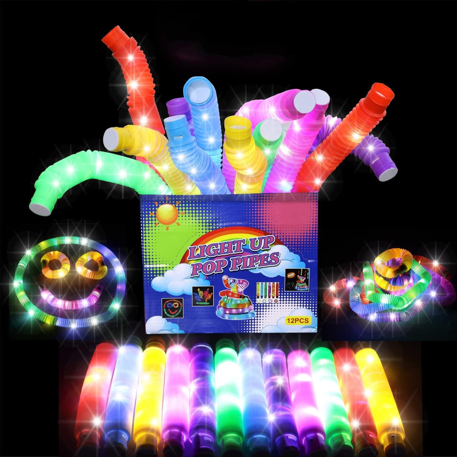 Dusset LED Light Up Fidget Toys 12 Pack LED Light Up Pop Tubes Kids