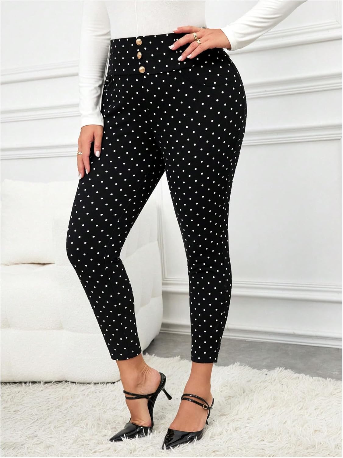Floerns Women's Plus Size Polka Dots Skinny Pants Stretchy High Waisted Office Trousers - Image 2